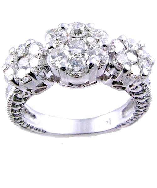 Prong Set Clusters three Round Stone Engraved Engagement Ring