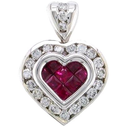 Invisible Set Princess Cut Rubies, Channel Set Diamond Heart Pen