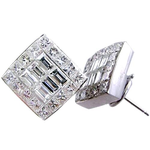 Invisible Set Princess Cut, Baguette Diamond Earrings