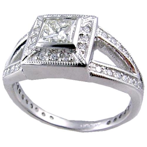Pave Set Diamond Engagement Ring with Bezel Set Princess Cut Cen
