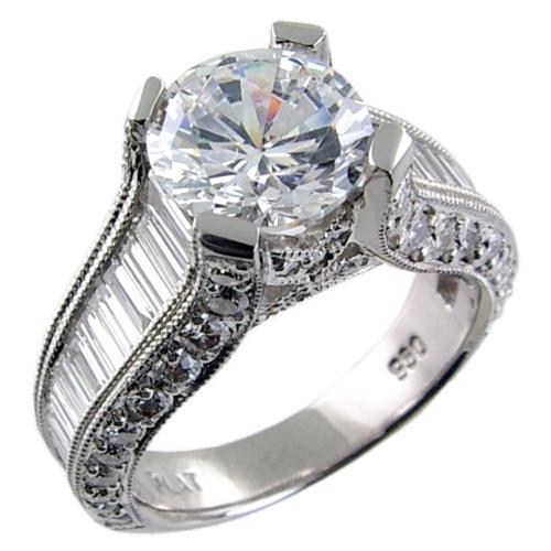 Channel Set Long Baguette Diamond Pave Set Engagement Ring Semi