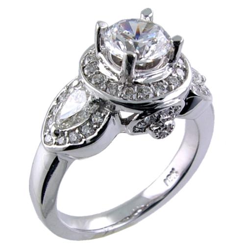 Prong Set Pear Shaped Three Stone Antique Style, Pave Set Diamon