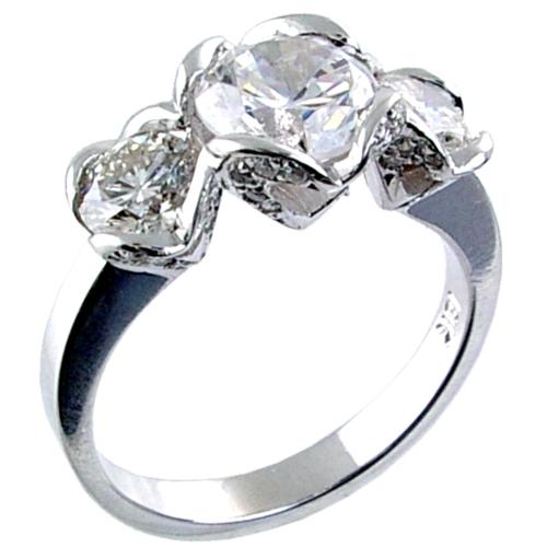 Three Stone Floral Look (with Pave Set Head) Diamond Engagement