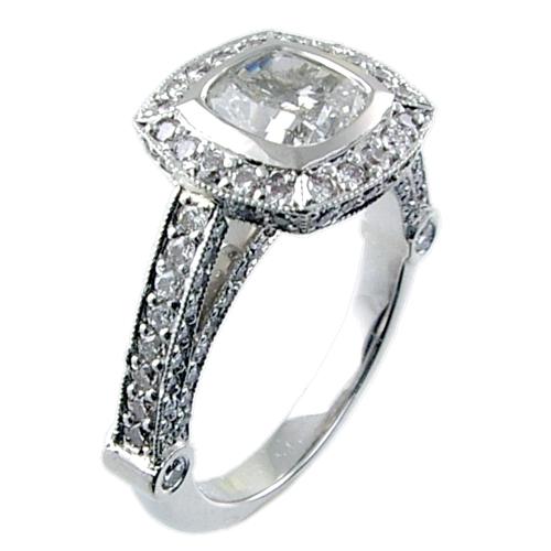 Pave Set Diamond Engagement Ring Semi Mount (for Cushion Center)