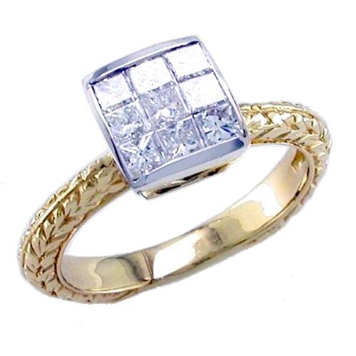 Invisible Set Princess Cut Cluster Center Diamond Engagement Rin