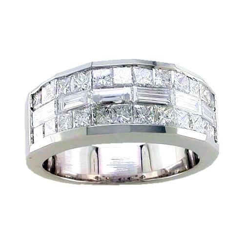 Three Row Invisible Set Princess Cut, Baguette Wedding Ring