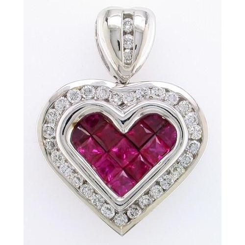 Invisible Set Princess Cut Rubies, Pave Set Diamond Heart Pendan