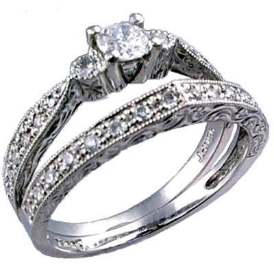 Bezel Set Round, Pave Set, Engraved Diamond Bridal Set (Includes
