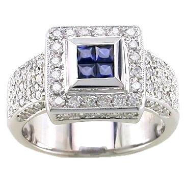 Pave Set Diamond, Invisible Set Princess Cut Sapphire Ring