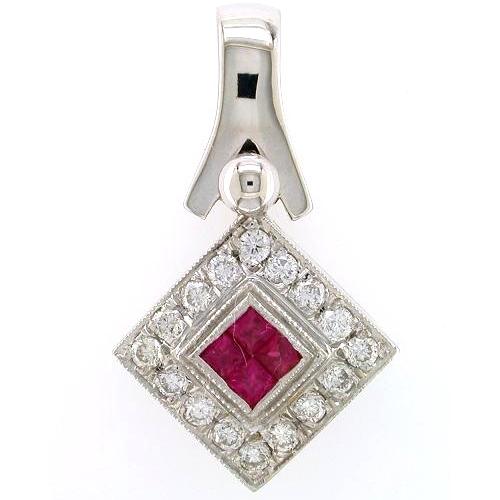 Pave Set Round Diamond, Invisible Set Princess Cut Ruby Pendant