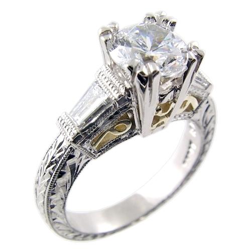 Channel Set Baguette Diamond, Hand Engraved Engagement Ring Semi