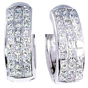 Three Row, Invisible Set Princess Cut Diamond Hoop Earrings
