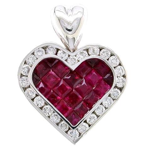 Invisible Set Princess Cut Rubies, Channel Set Diamond Heart Pen