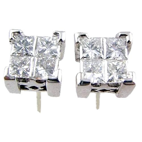 Invisible set Princess Cut Diamond Cluster Stud Earrings