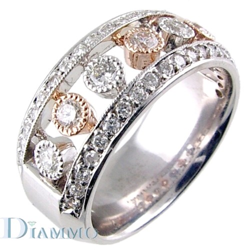 Pave Set Diamond Anniversary Ring with Bezel Set Round diamonds in center
