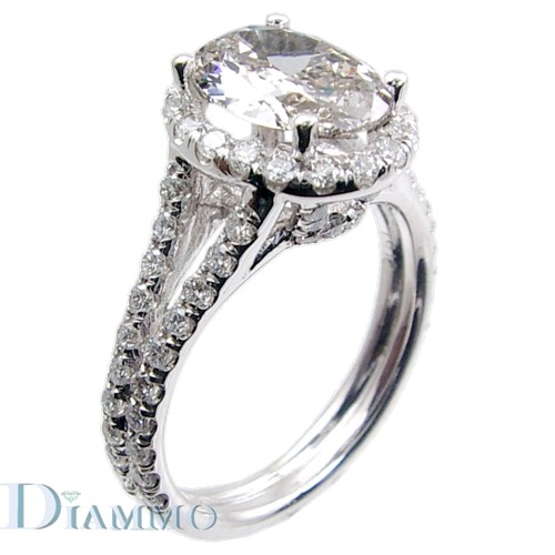 Split Shank, Pave Set Diamond Engagement Ring Semi Mount for Oval Center with Halo