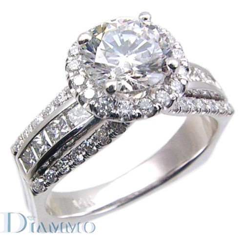 Pave Set Engagement Ring with Princess Cut Bridge and Halo Engagement Ring
