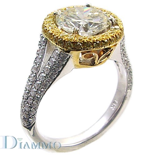 Two Tone, Split Shank, Micro Pave Set Diamond Engagement Ring Semi Mount with Halo for Round Center