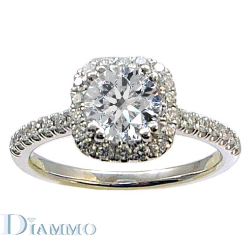 Pave Set Diamond Engagement Ring Semi Mount with Cushion Halo for Round Center