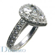 Hand Engraved Pave Set Diamond Engagement Ring Semi Mount with Halo for Pear Shape Center