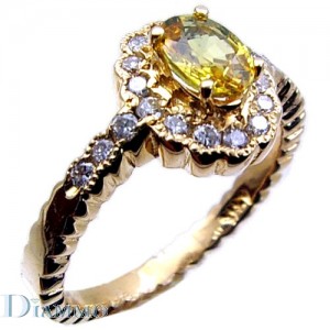 Diamond Ring with Oval Yellow Sapphire Center and Halo