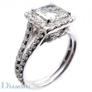 Split Shank Micro Pave Diamond Engagement Ring Semi Mount with Halo for Princess Cut Center