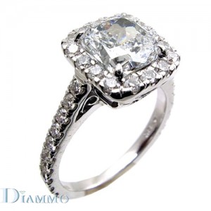 H-1971 Micro Pave Set Diamond Engagement Ring Semi Mount with Halo for Cushion Center