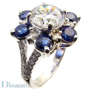 Pave Set Split Shank Diamond Sapphire Ring